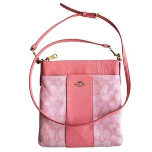 Coach Kitt Messenger Crossbody Bag Pink CC Jacquard Leather Brass